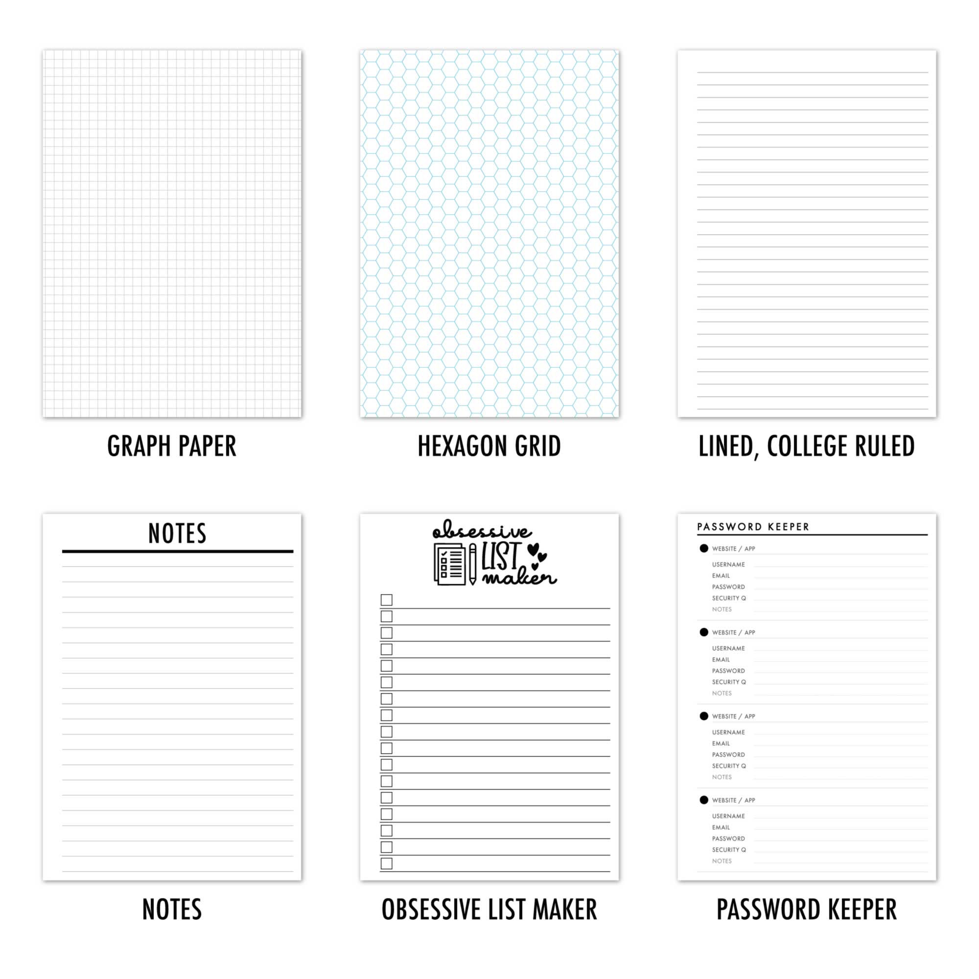 Sample A5 traveler's notebook refill functional pages by CityGirl Planners, showing six page layout options: Graph Paper, Hexagon Grid, Lined College Ruled, Notes, Obsessive List Maker, and Password Keeper.