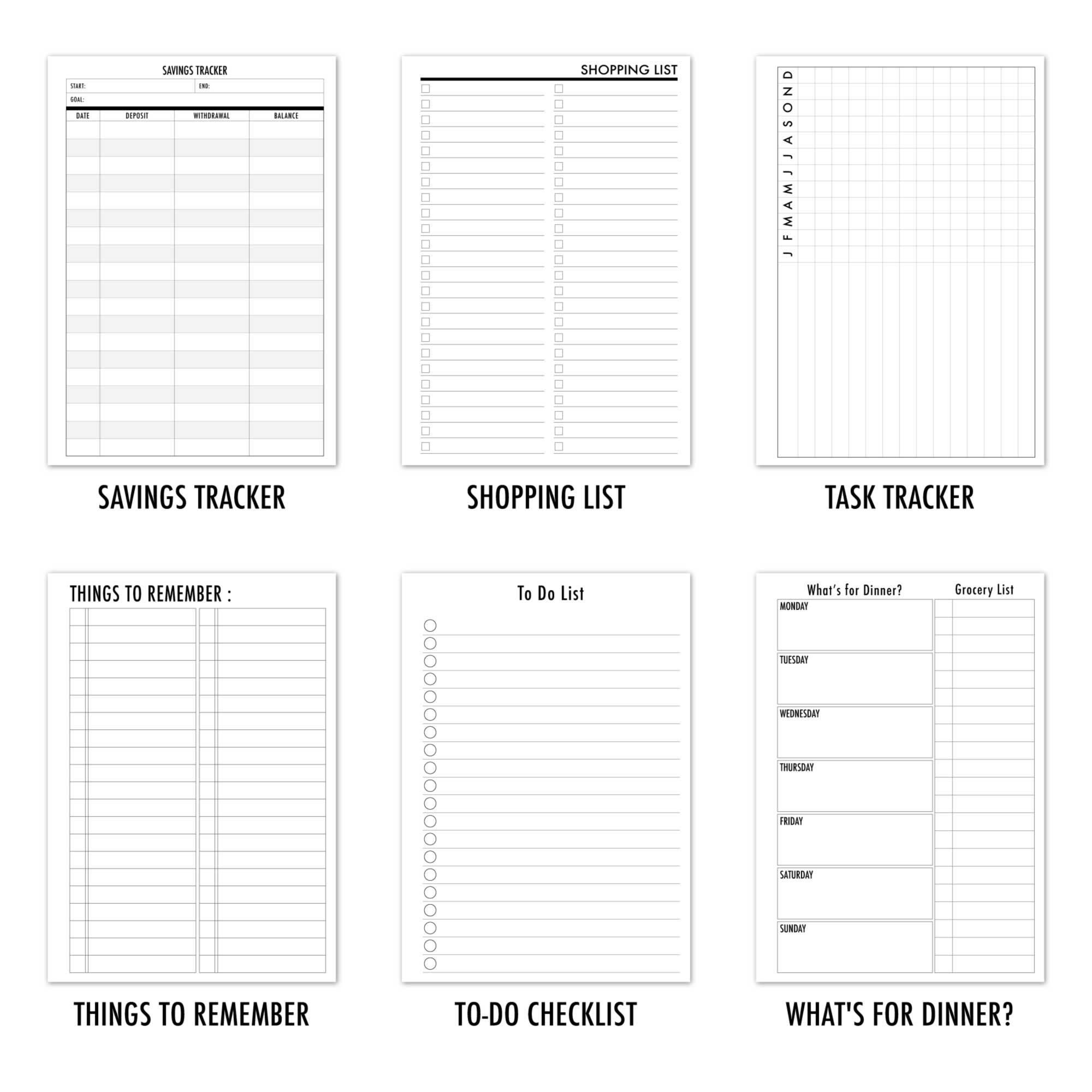 Sample A5 traveler's notebook refill functional pages by CityGirl Planners, showing six page layout options: Savings Tracker, Shopping List, Task Tracker, Things to Remember, To-Do Checklist, and What's for Dinner meal planner.