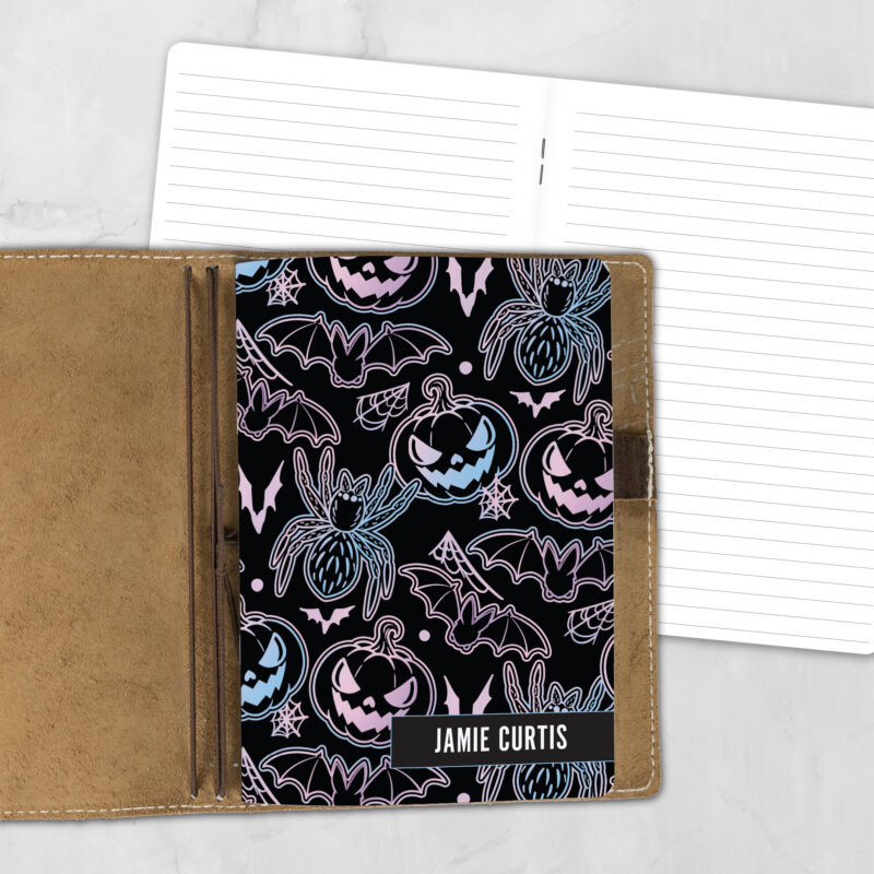 A5 Pastel Scream personalized traveler's notebook refill showing the cover design inside a leather traveler's notebook cover, with lined refill pages visible behind.