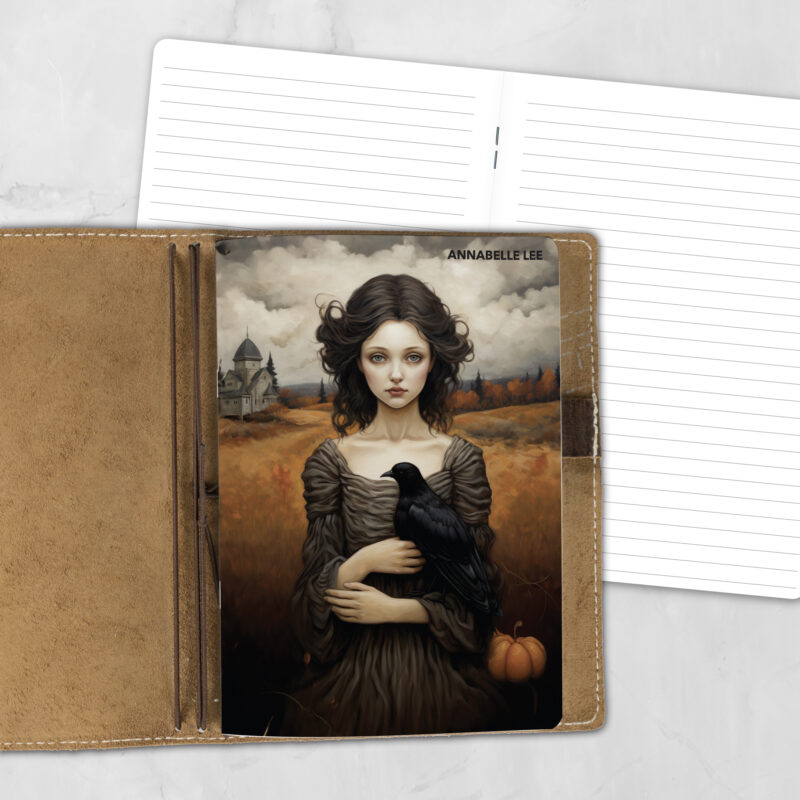 A5 Ravens Girl lifestyle personalized traveler's notebook refill showing the cover design inside a leather traveler's notebook cover, with lined refill pages visible behind.