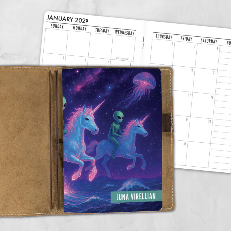 A5 Starhoof Riders personalized traveler's notebook refill showing the cover design inside a leather traveler's notebook cover, with a monthly calendar spread visible behind.