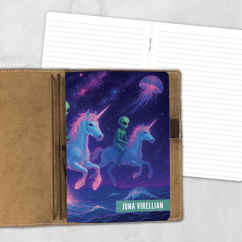 A5 Starhoof Riders personalized traveler's notebook refill showing the cover design inside a leather traveler's notebook cover, with lined refill pages visible behind.