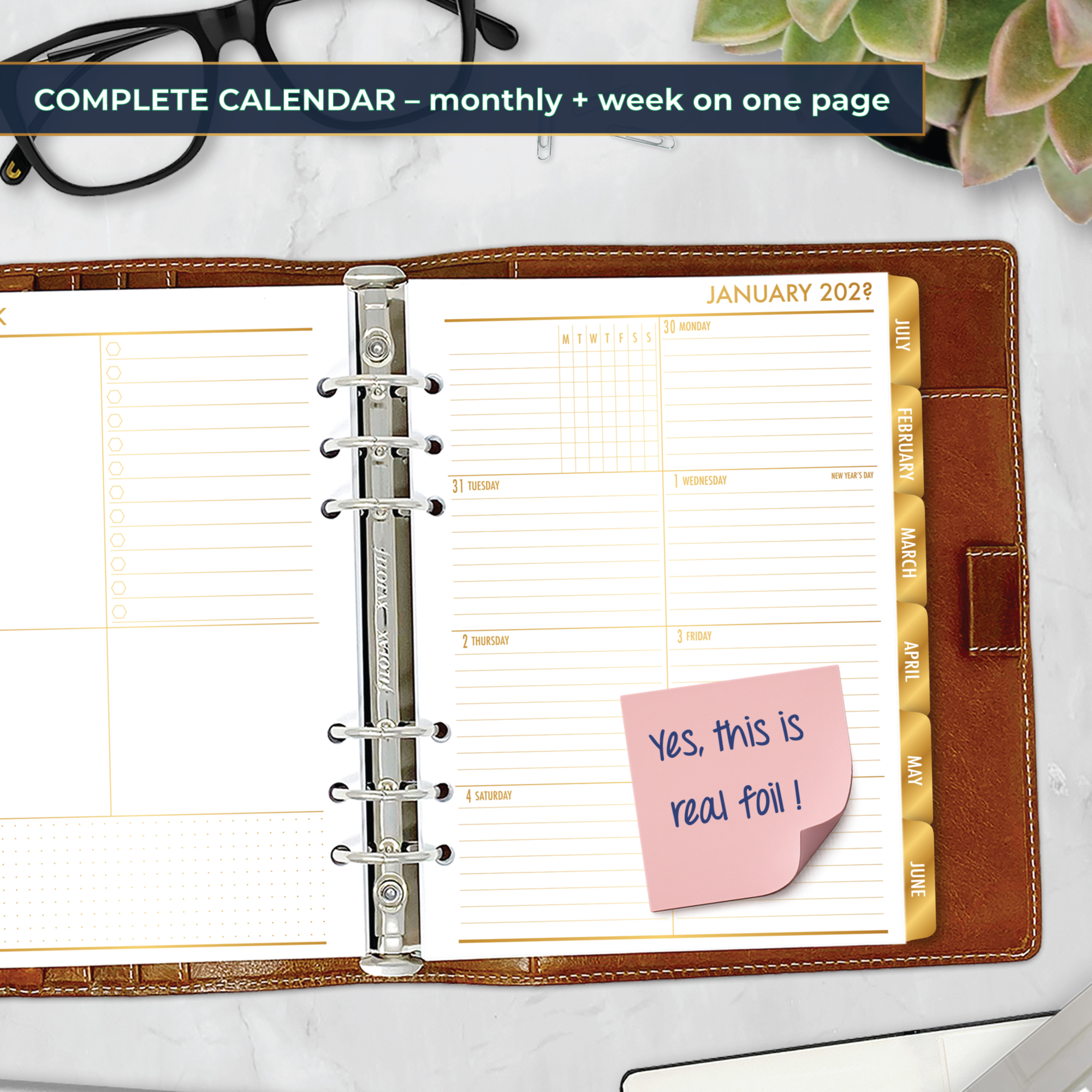 Week on 1 Page planner insert with gold satin foil and block tabs in A5 size in brown ring binder