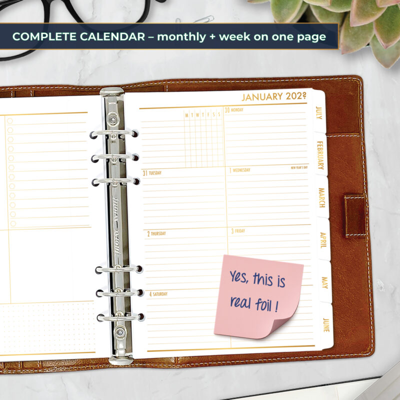 Week on 1 Page planner insert with gold satin foil and text tabs in A5 size in brown ring binder