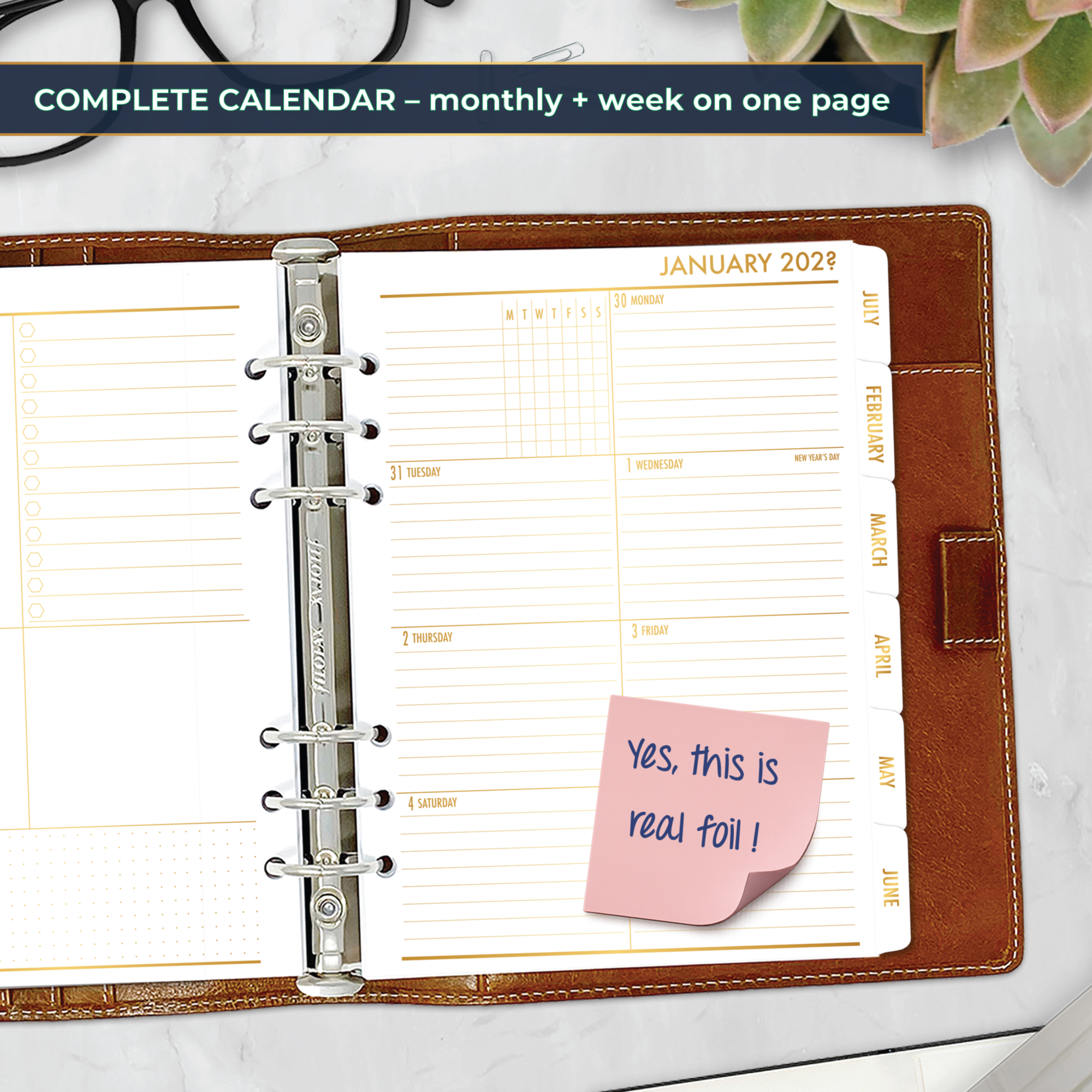 Week on 1 Page planner insert with gold satin foil and text tabs in A5 size in brown ring binder