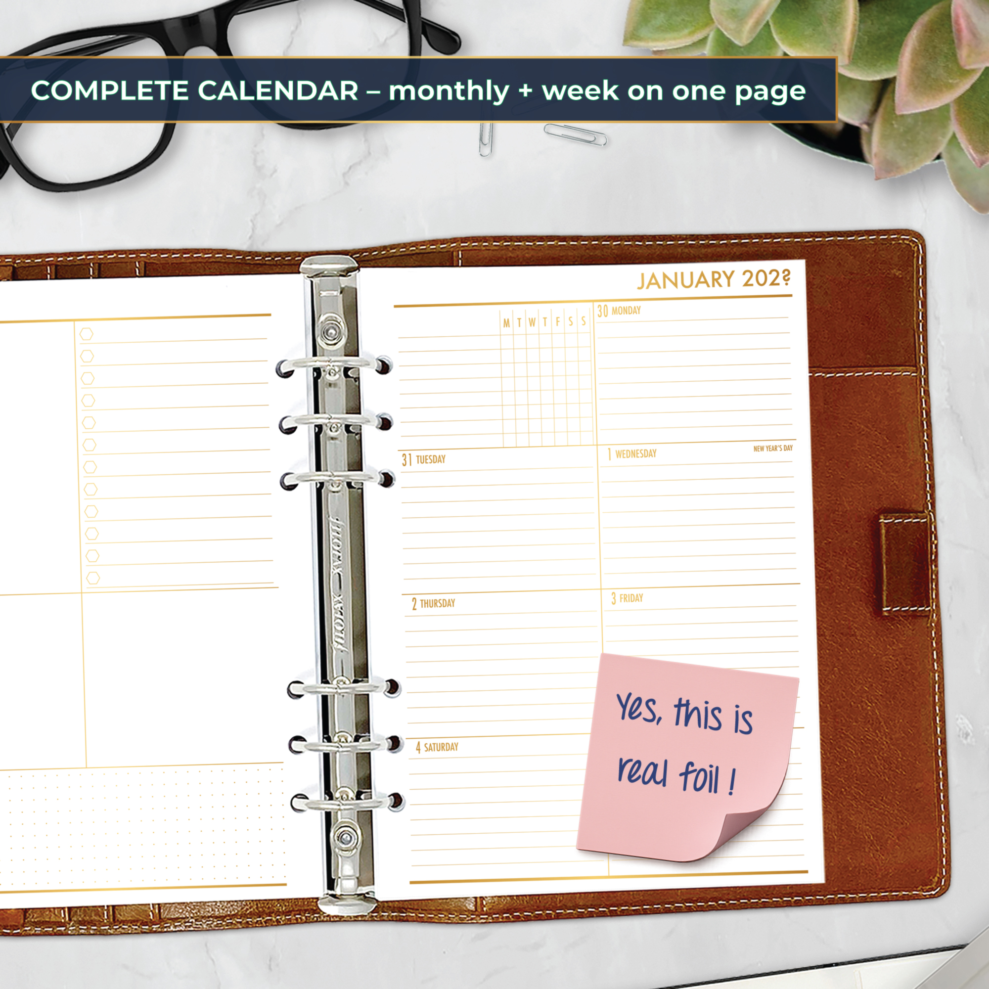 Week on 1 Page planner insert with gold satin foil in A5 size in brown ring binder