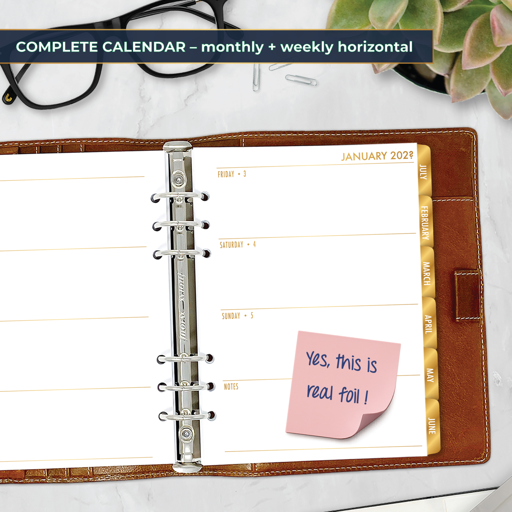 Week on 2 Pages Horizontal planner insert with gold satin foil and block tabs in A5 size in brown ring binder