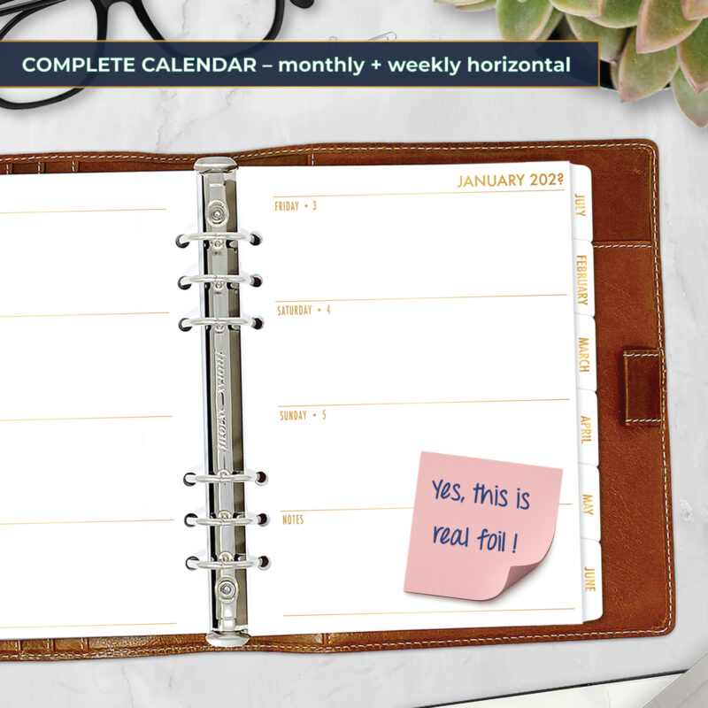 Week on 2 Pages Horizontal planner insert with gold satin foil and text tabs in A5 size in brown ring binder
