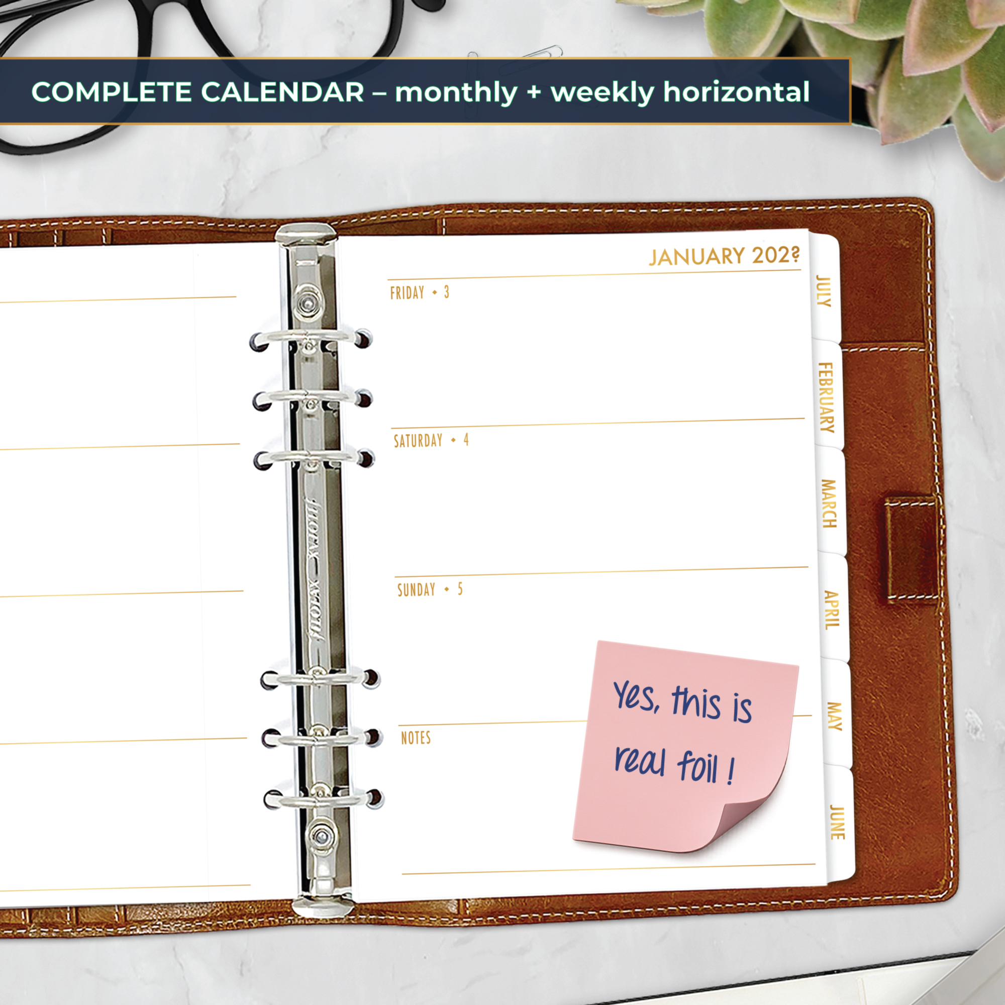 Week on 2 Pages Horizontal planner insert with gold satin foil and text tabs in A5 size in brown ring binder