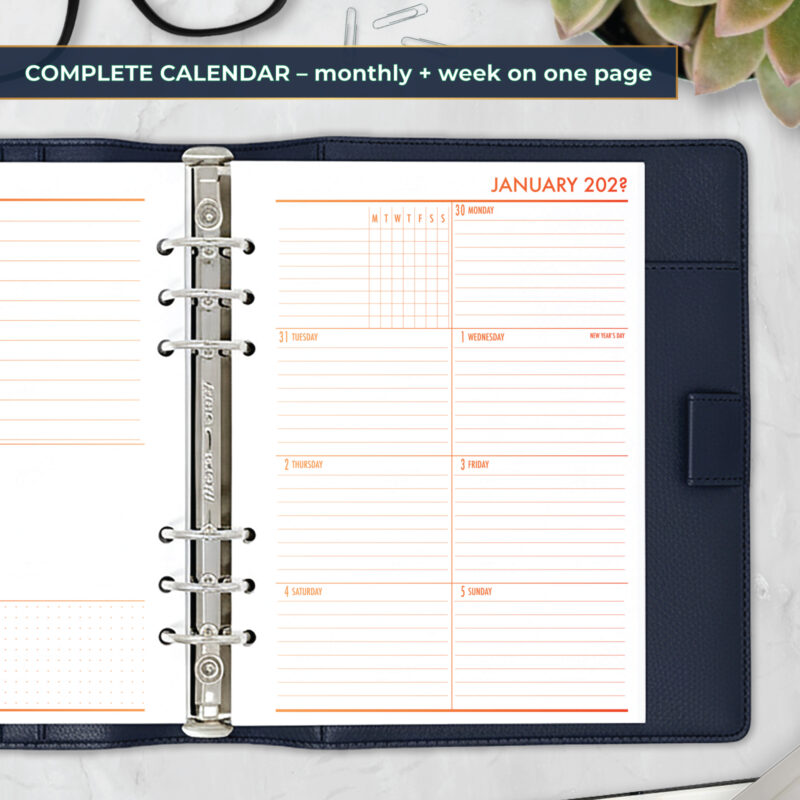 Week on 1 Page planner insert in Ember Kiss design in A5 size in brown ring binder
