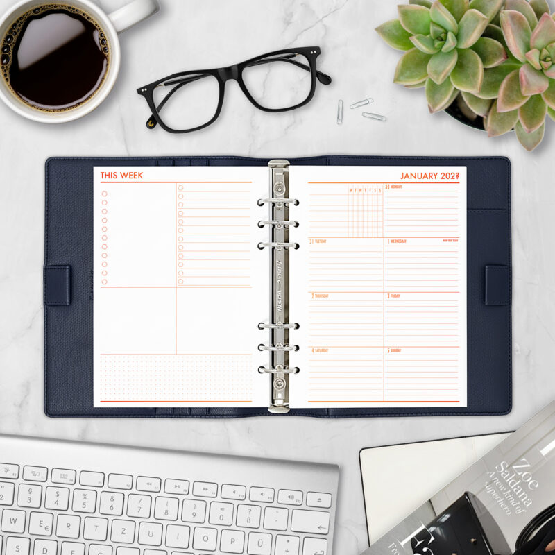 Week on 1 Page planner insert in Ember Kiss design in A5 size in brown ring binder