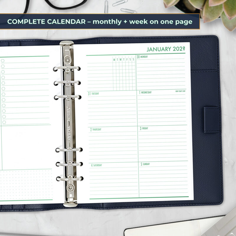 Week on 1 Page planner insert in Fae Grove design in A5 size in brown ring binder