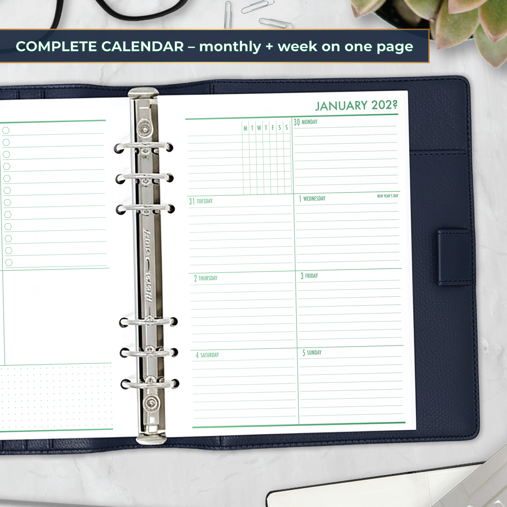 Week on 1 Page planner insert in Fae Grove design in A5 size in brown ring binder