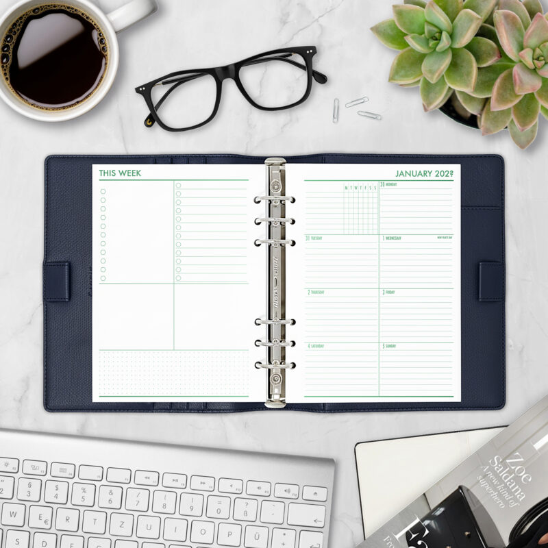 Week on 1 Page planner insert in Fae Grove design in A5 size in brown ring binder