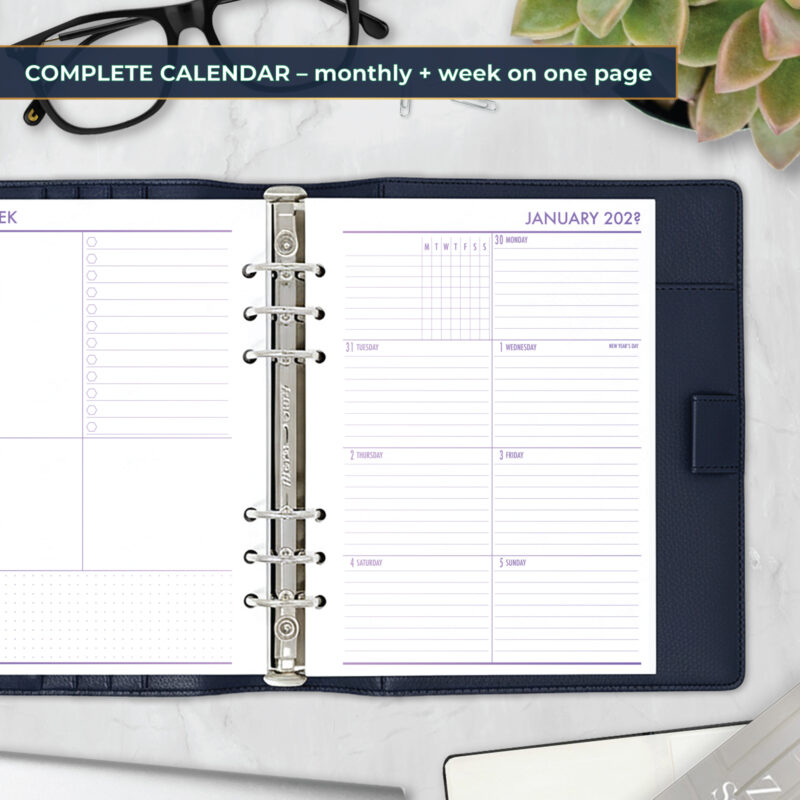 Week on 1 Page planner insert in Lilac Hex design in A5 size in navy ring binder