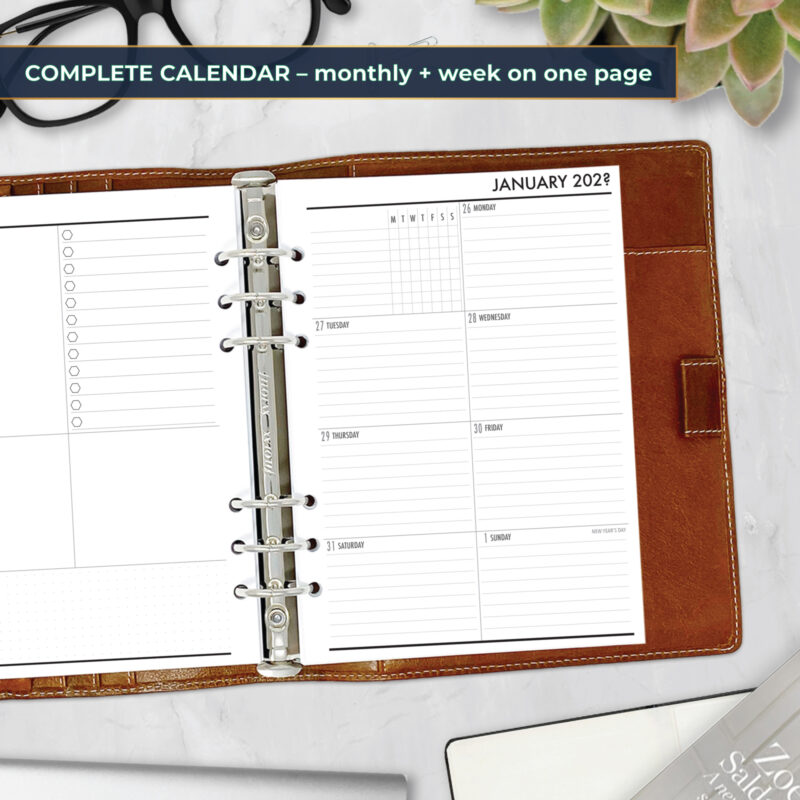 Week on 1 Page planner insert in A5 size in brown ring binder