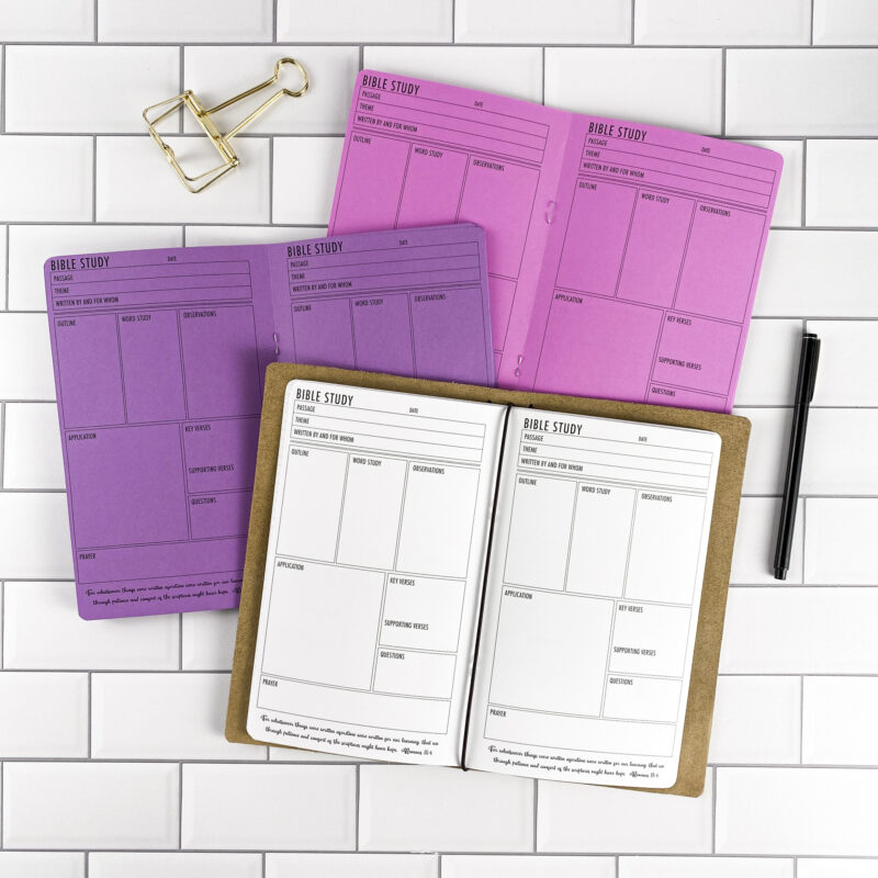 Bible Study traveler's notebook refill by CityGirl Planners, showing bible study journal pages with sections for scripture notes and reflections. Three booklets displayed in different paper color options inside a traveler's notebook cover.
