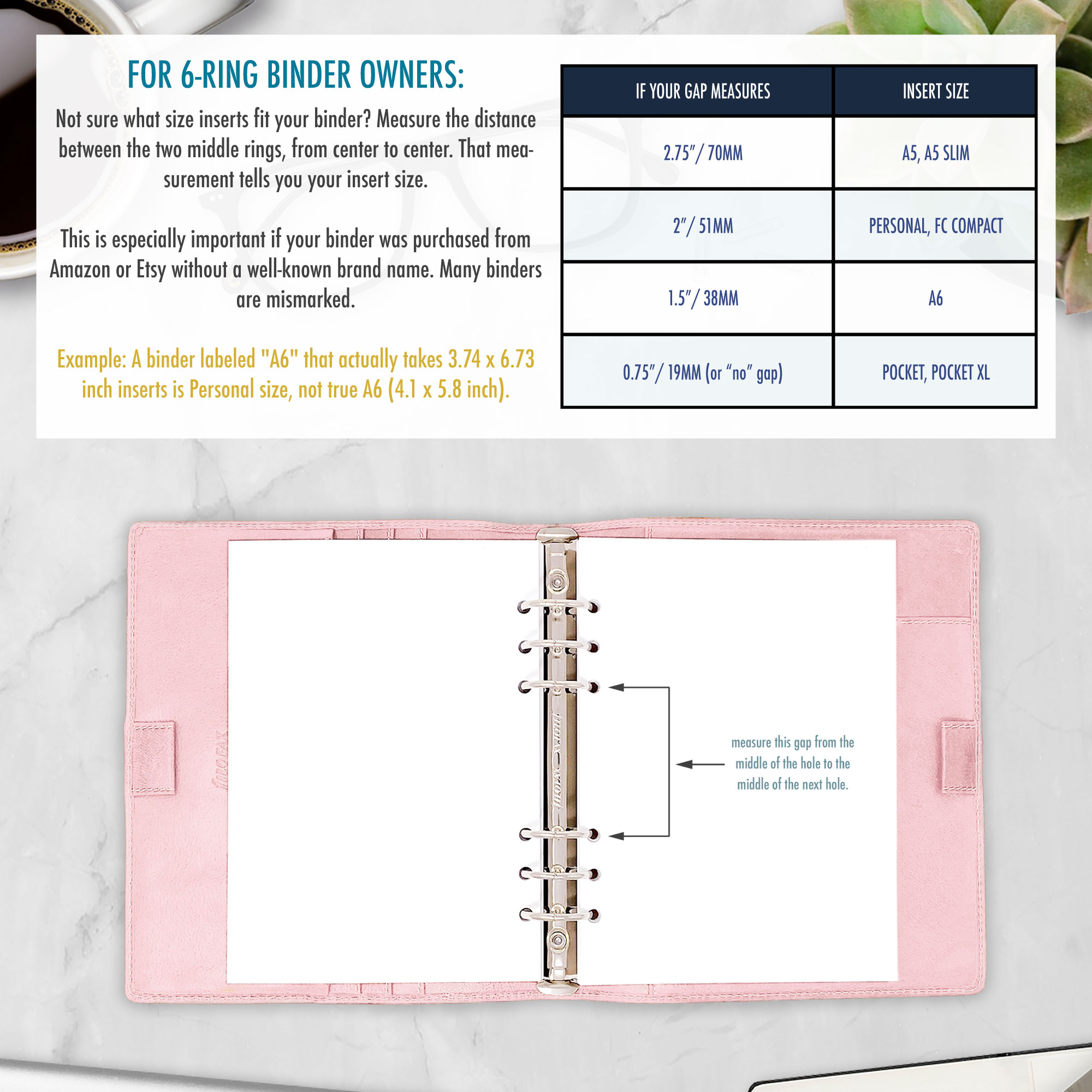 Ring gap measurement guide for 6-ring binder owners, showing how to measure the distance between rings to determine the correct planner insert size.