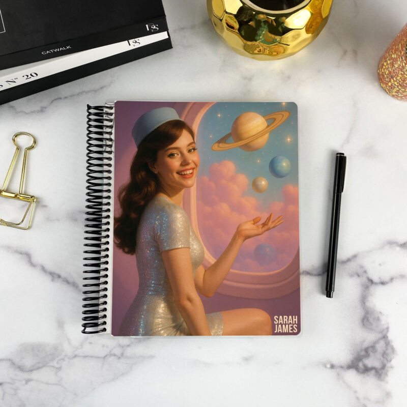 7x9 spiral bound planner in the Cosmic Dream cover design on a marble surface with styling accessories.