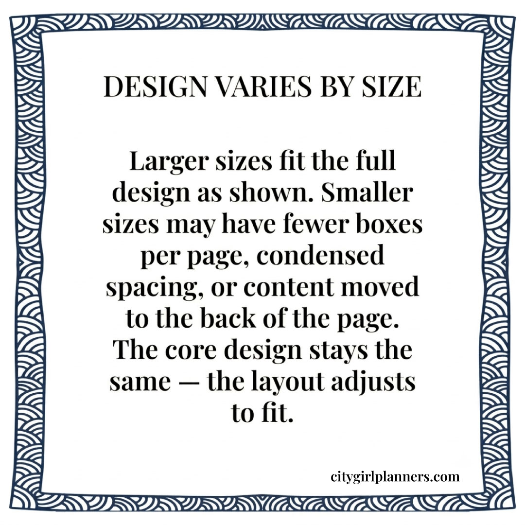 Infographic explaining that design varies by size for CityGirl Planners inserts. Larger sizes fit the full design as shown, while smaller sizes may have condensed spacing or fewer boxes per page.
