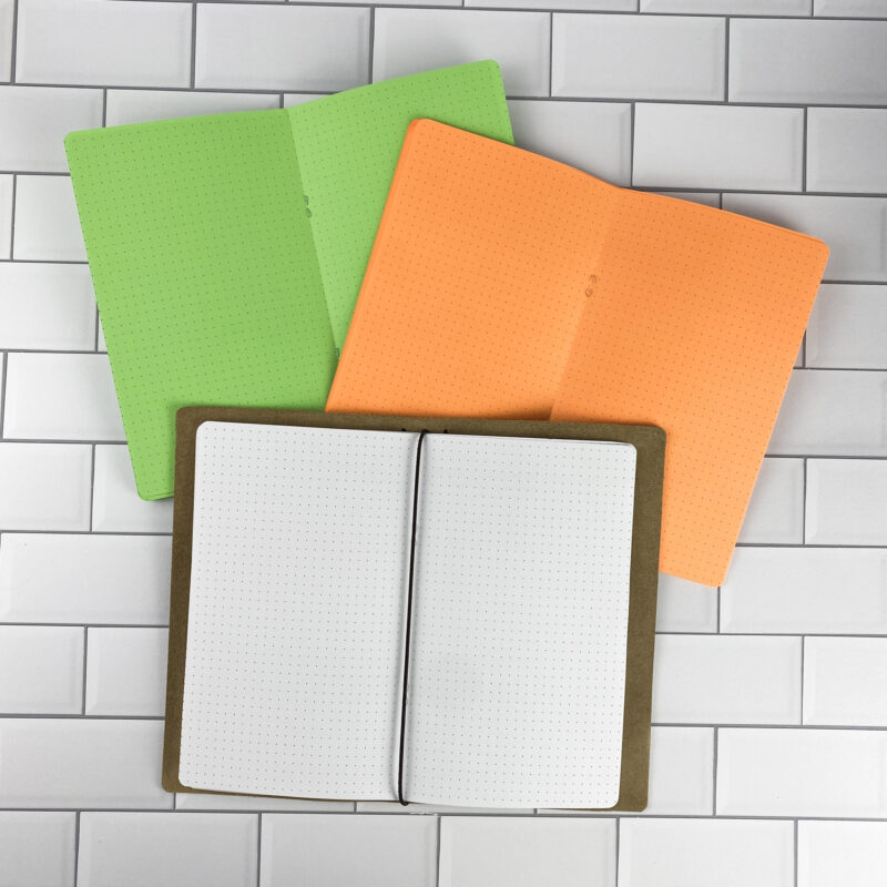 Dot Grid traveler's notebook refill by CityGirl Planners, showing dot grid pages for flexible note taking, sketching, and bullet journaling. Three booklets displayed in different paper color options inside a traveler's notebook cover.