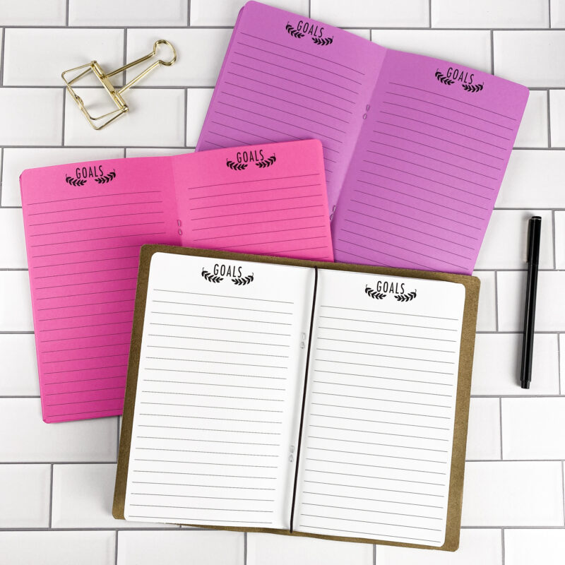 Goals traveler's notebook refill by CityGirl Planners, showing goal setting and tracking pages. Three booklets displayed in different paper color options inside a traveler's notebook cover.