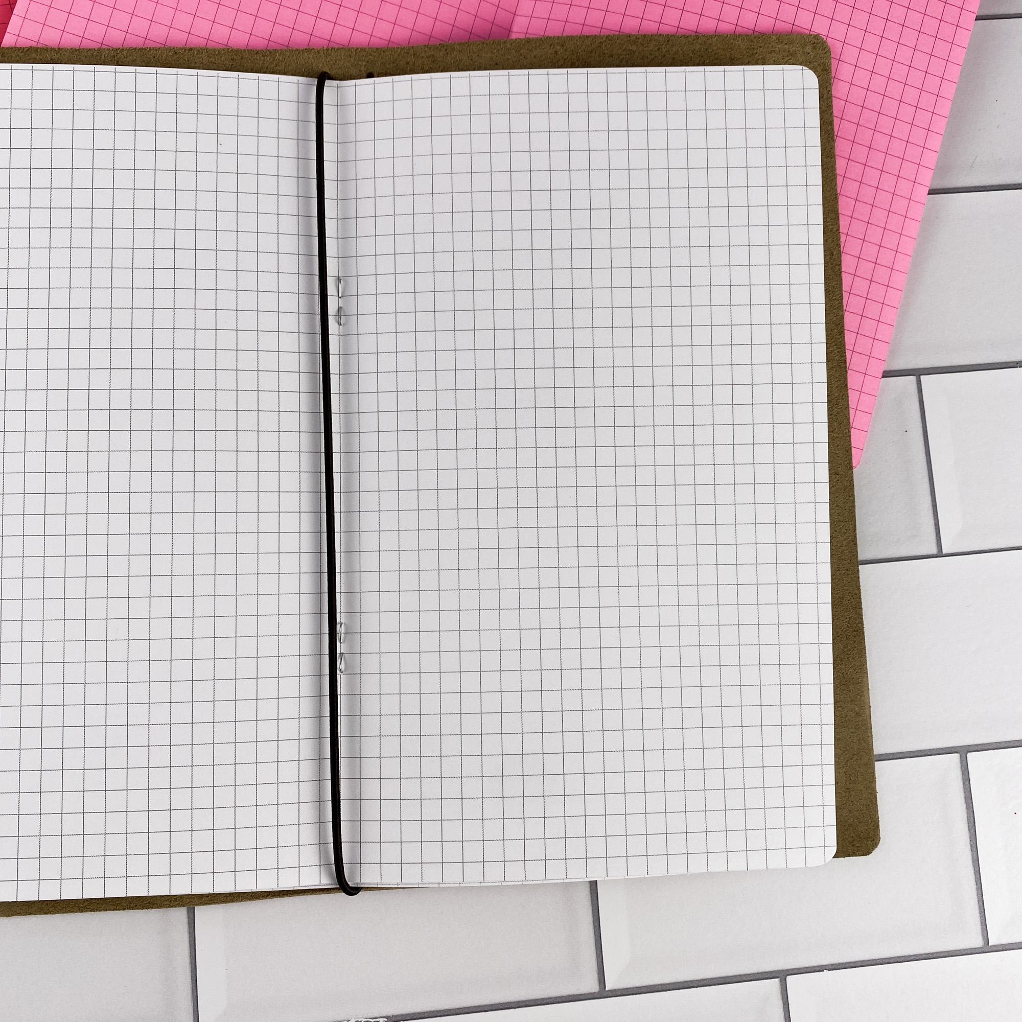 Detail view of the Graph Paper traveler's notebook refill showing graph paper grid pages, displayed with multiple paper color options.