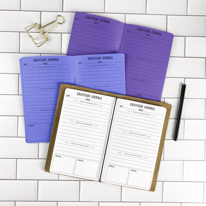 Gratitude Journal traveler's notebook refill by CityGirl Planners, showing gratitude journal pages with prompts for daily reflection. Three booklets displayed in different paper color options inside a traveler's notebook cover.