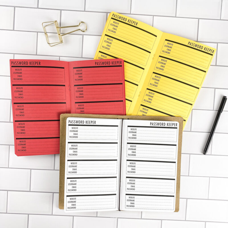 Password Keeper Boxes traveler's notebook refill by CityGirl Planners, showing password keeper pages with a box layout for organizing login credentials. Three booklets displayed in different paper color options inside a traveler's notebook cover.