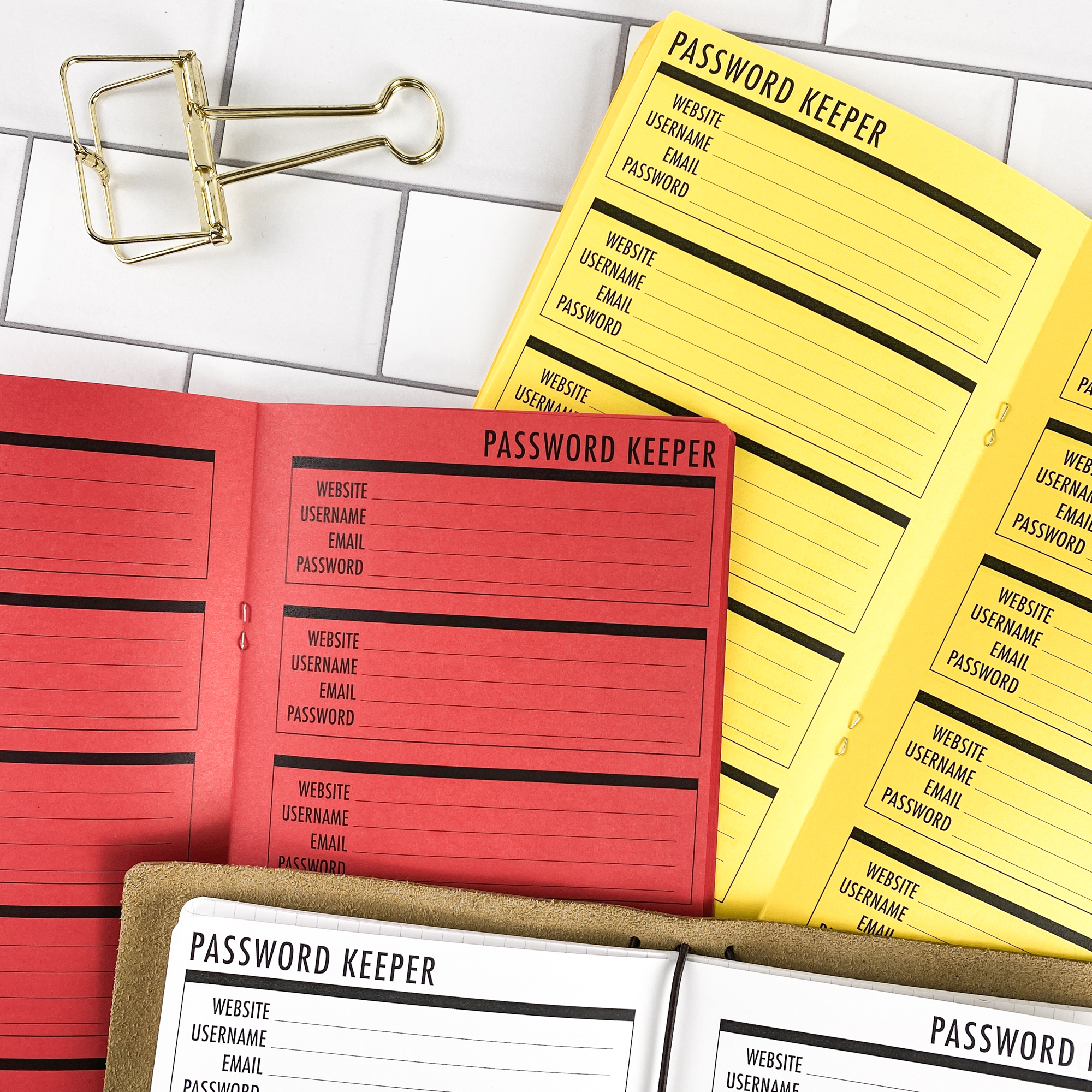 Detail view of the Password Keeper Boxes traveler's notebook refill showing password keeper pages with a box layout for organizing login credentials, displayed with multiple paper color options.