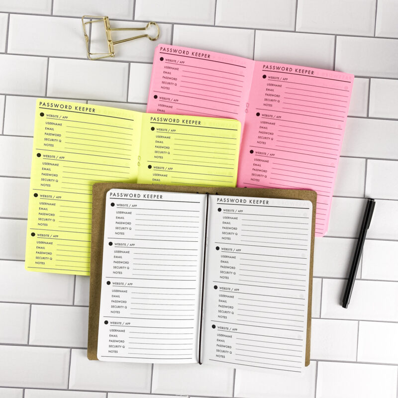 Password Keeper Dots traveler's notebook refill by CityGirl Planners, showing password keeper pages with a dot pattern design for securely recording login info. Three booklets displayed in different paper color options inside a traveler's notebook cover.