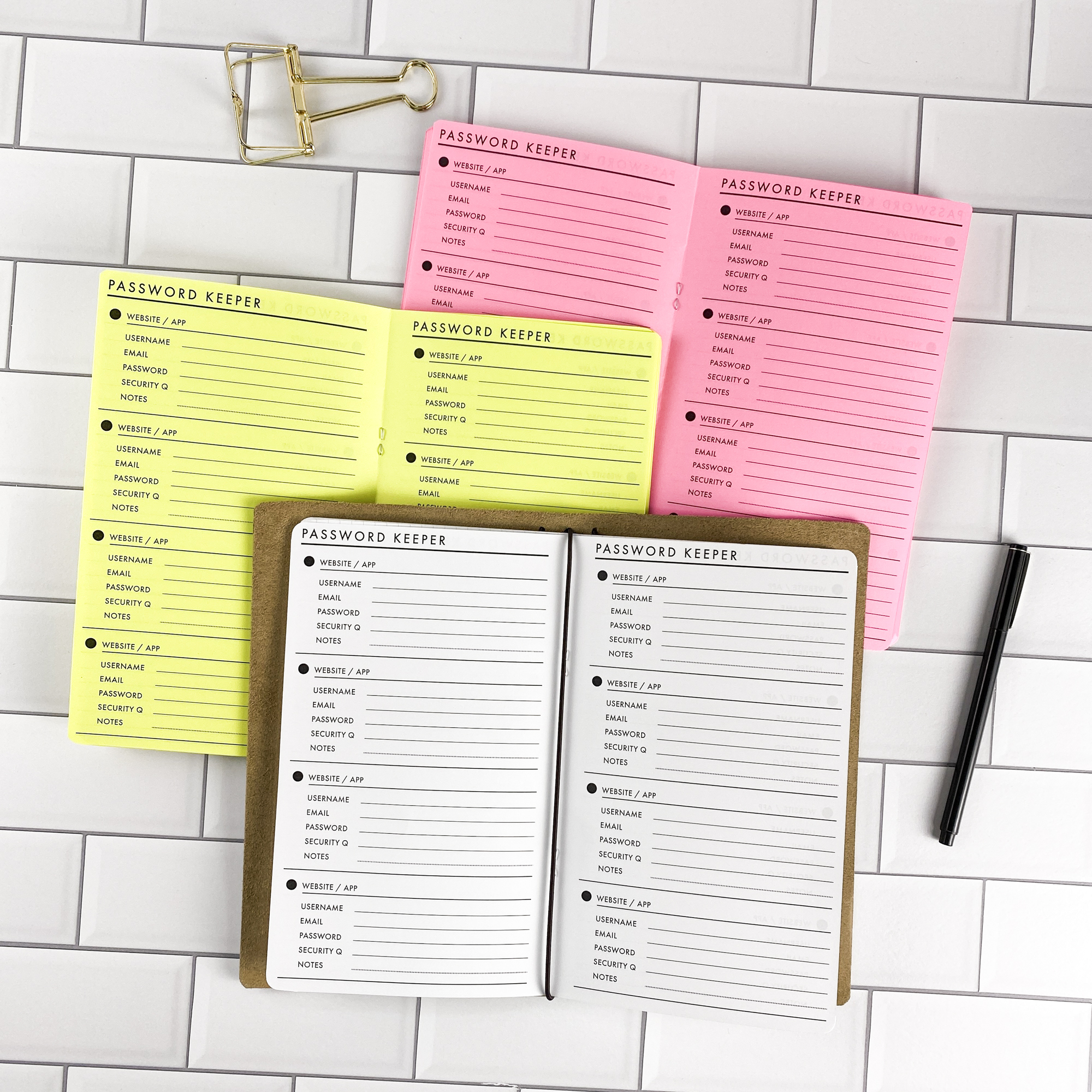 Password Keeper Dots traveler's notebook refill by CityGirl Planners, showing password keeper pages with a dot pattern design for securely recording login info. Three booklets displayed in different paper color options inside a traveler's notebook cover.