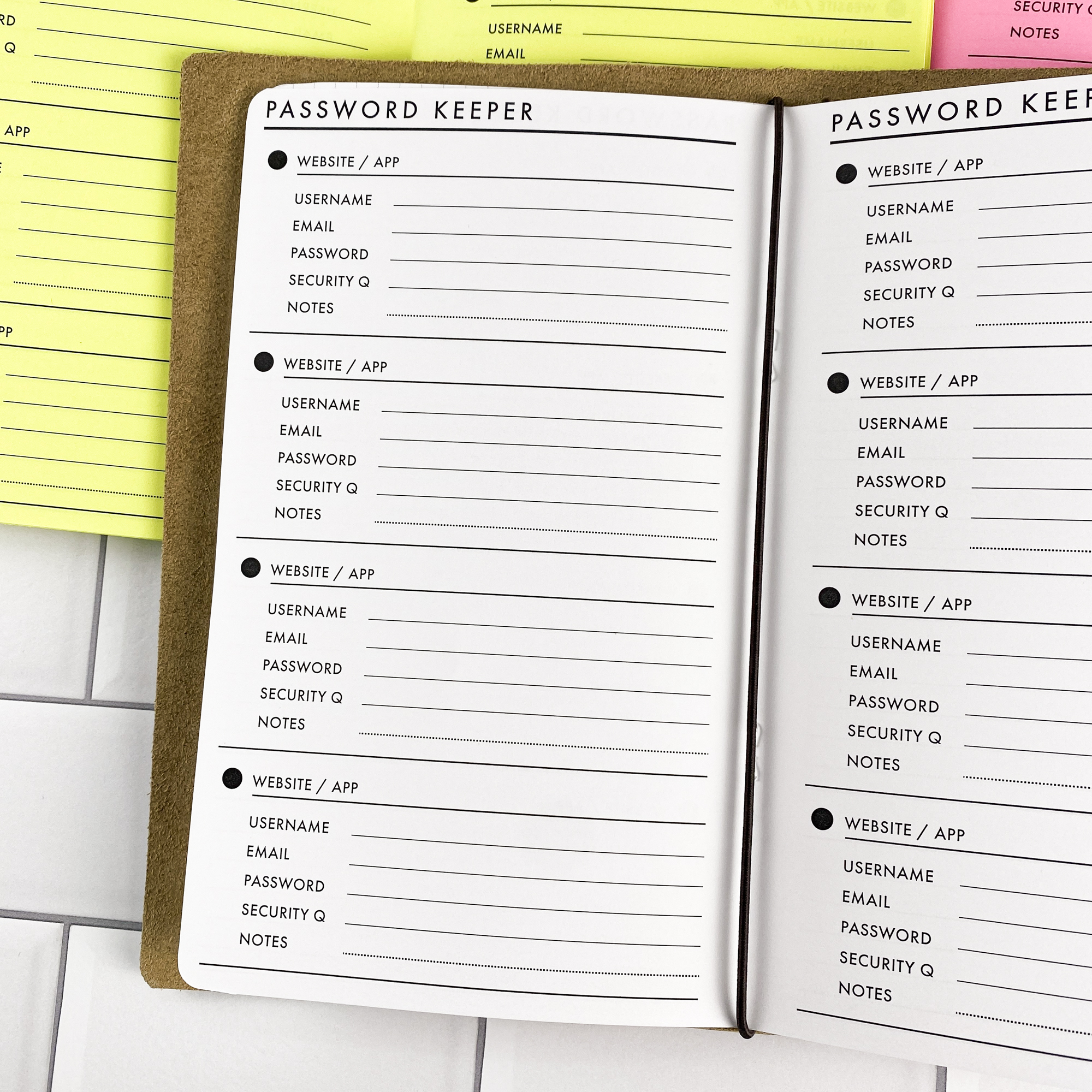 Close-up detail of the Password Keeper Dots traveler's notebook refill showing the page layout and password keeper pages with a dot pattern design for securely recording login info in colored paper.