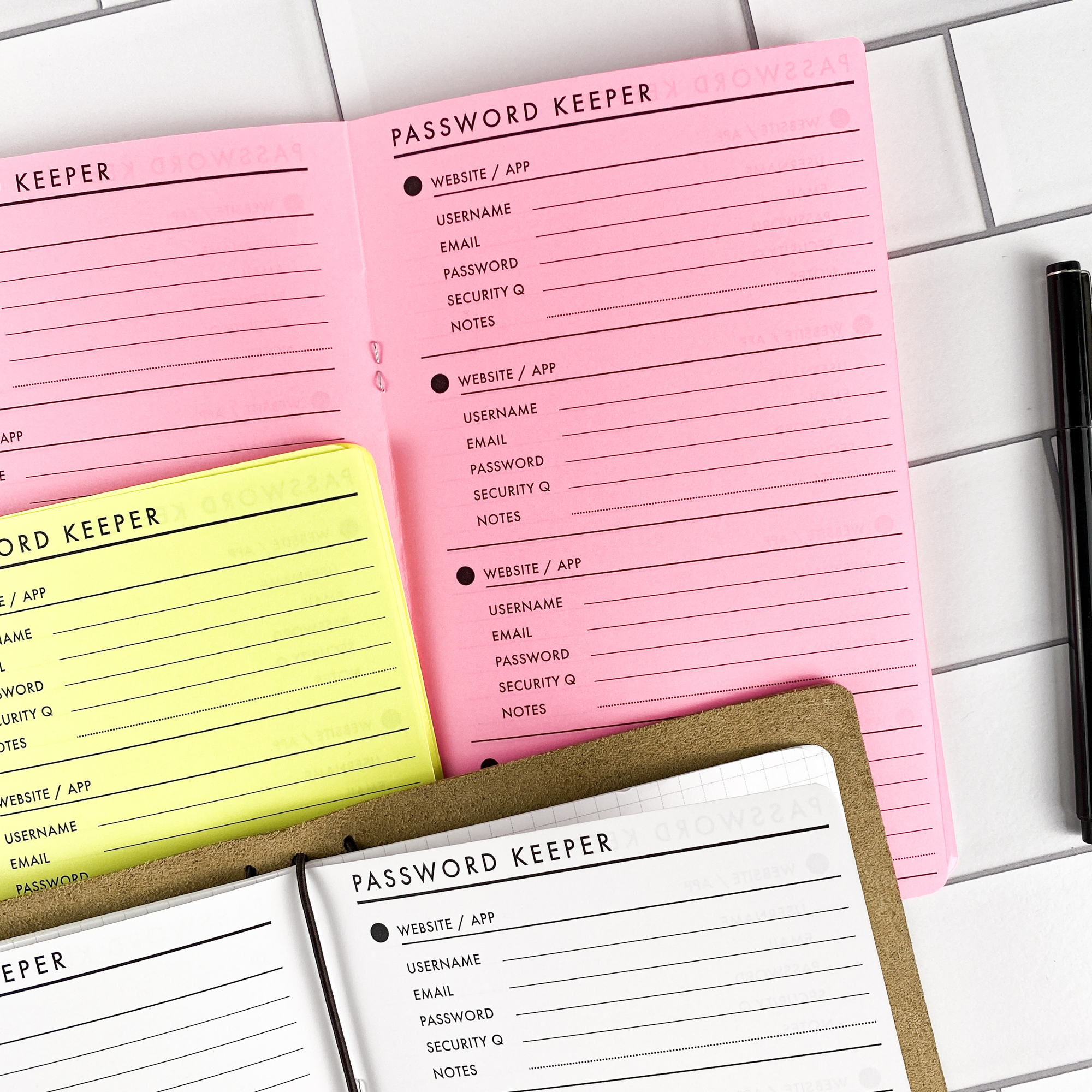 Detail view of the Password Keeper Dots traveler's notebook refill showing password keeper pages with a dot pattern design for securely recording login info, displayed with multiple paper color options.