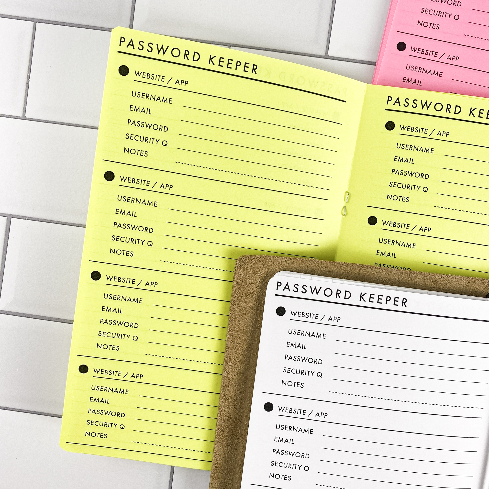 Detail view of the Password Keeper Dots traveler's notebook refill showing password keeper pages with a dot pattern design for securely recording login info, displayed with multiple paper color options.