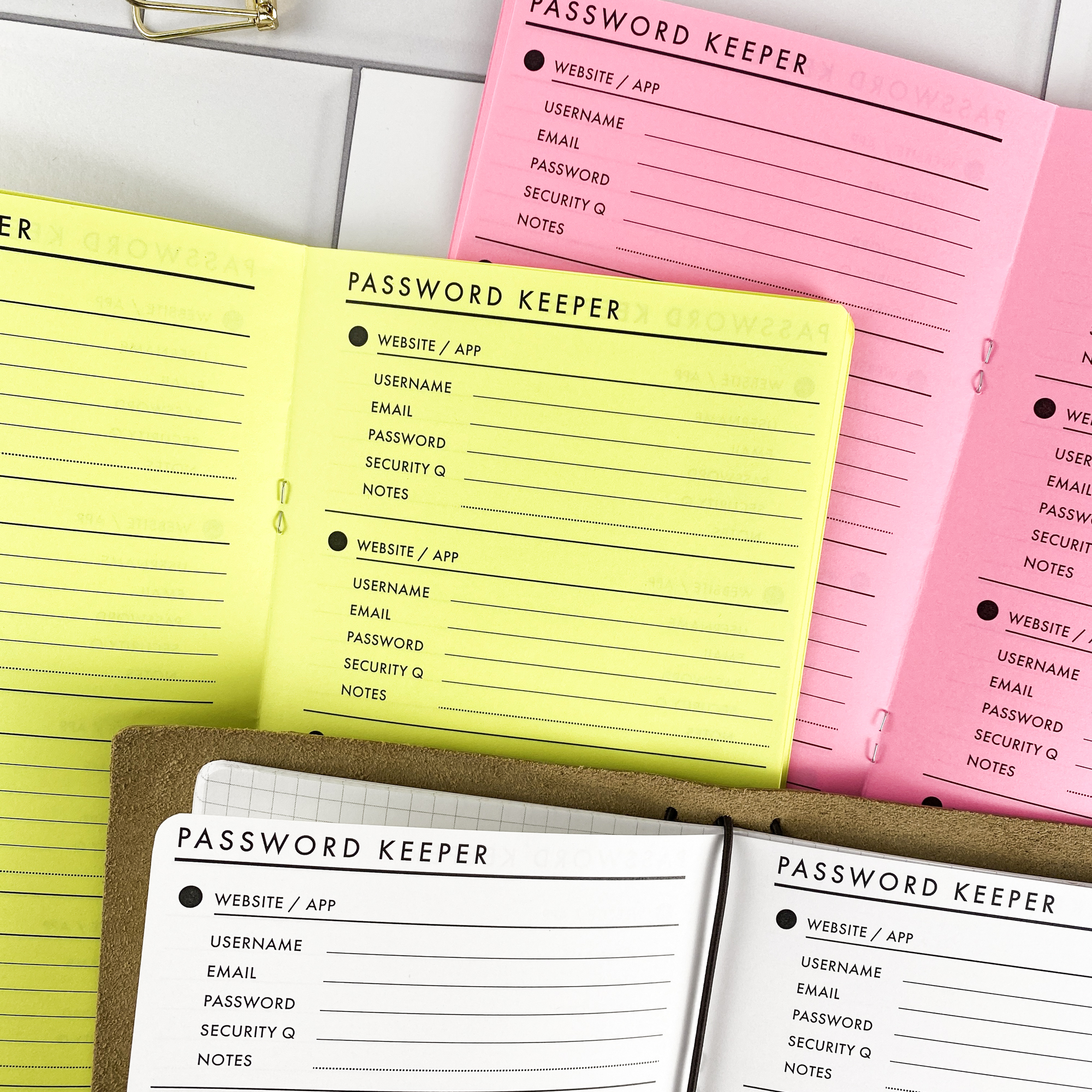 Password Keeper Dots traveler's notebook refill showing the full page spread with password keeper pages with a dot pattern design for securely recording login info in a contrasting paper color.