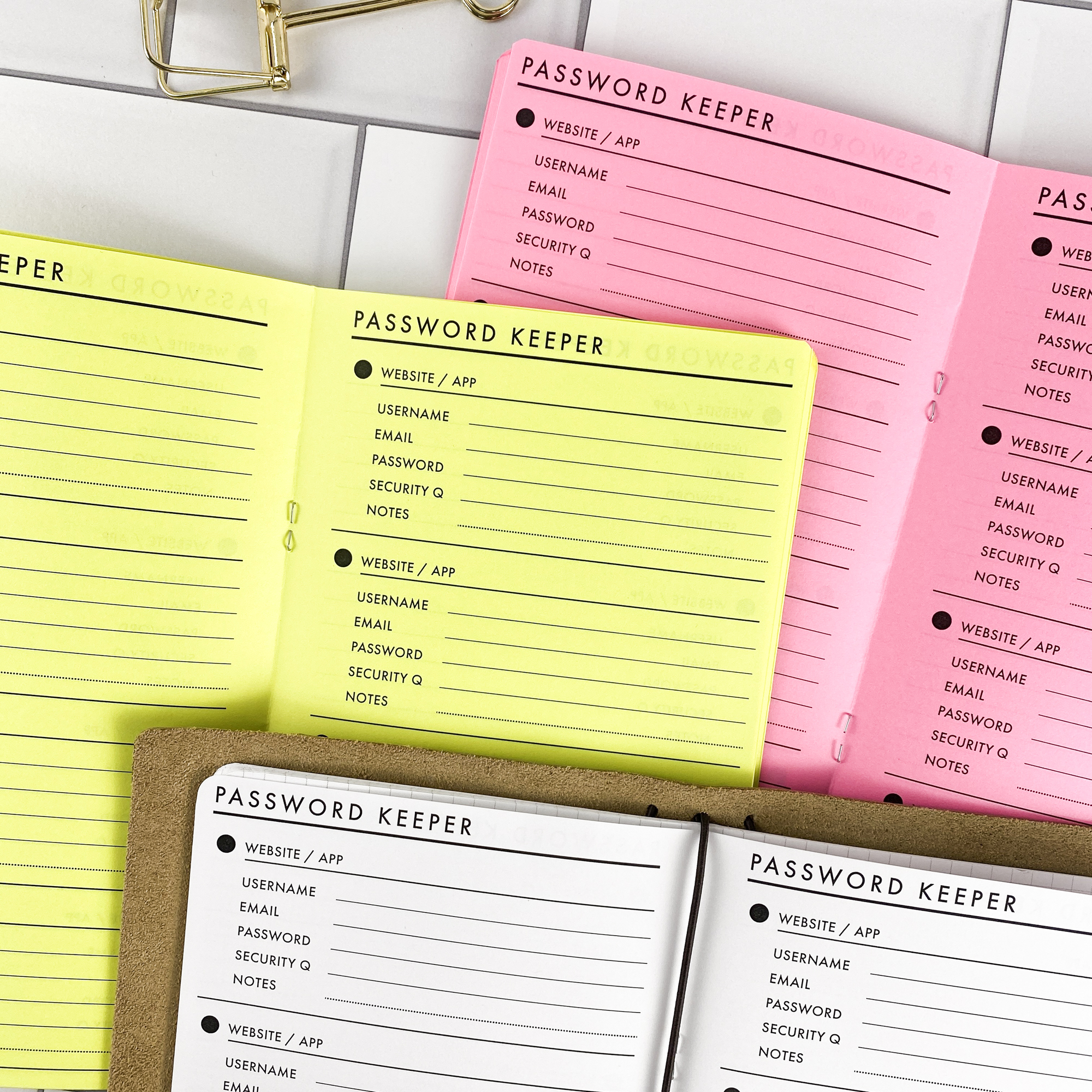 Password Keeper Dots traveler's notebook refill showing the full page spread with password keeper pages with a dot pattern design for securely recording login info in a contrasting paper color.