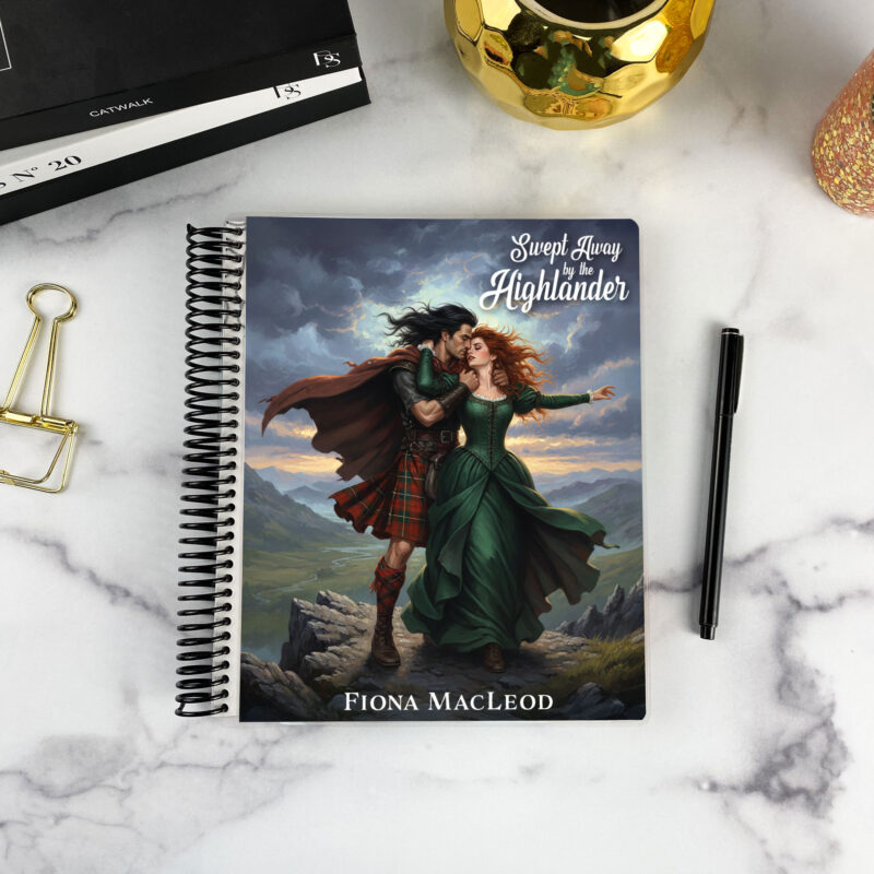 7x9 spiral bound planner in the Swept Away cover design on a marble surface with styling accessories.