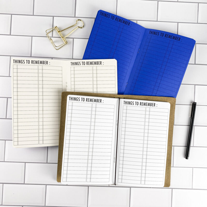 Things to Remember traveler's notebook refill by CityGirl Planners, showing reminder pages for jotting down important things to remember. Three booklets displayed in different paper color options inside a traveler's notebook cover.