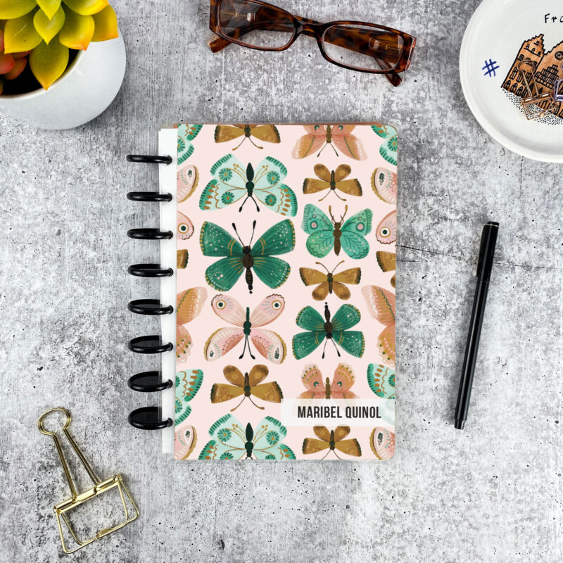 Personalized disc bound address book in butterfly pattern with laminated cover and custom name