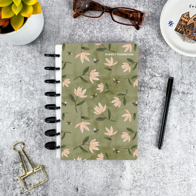 Personalized disc bound address book in bee and blossom pattern with laminated cover and custom name