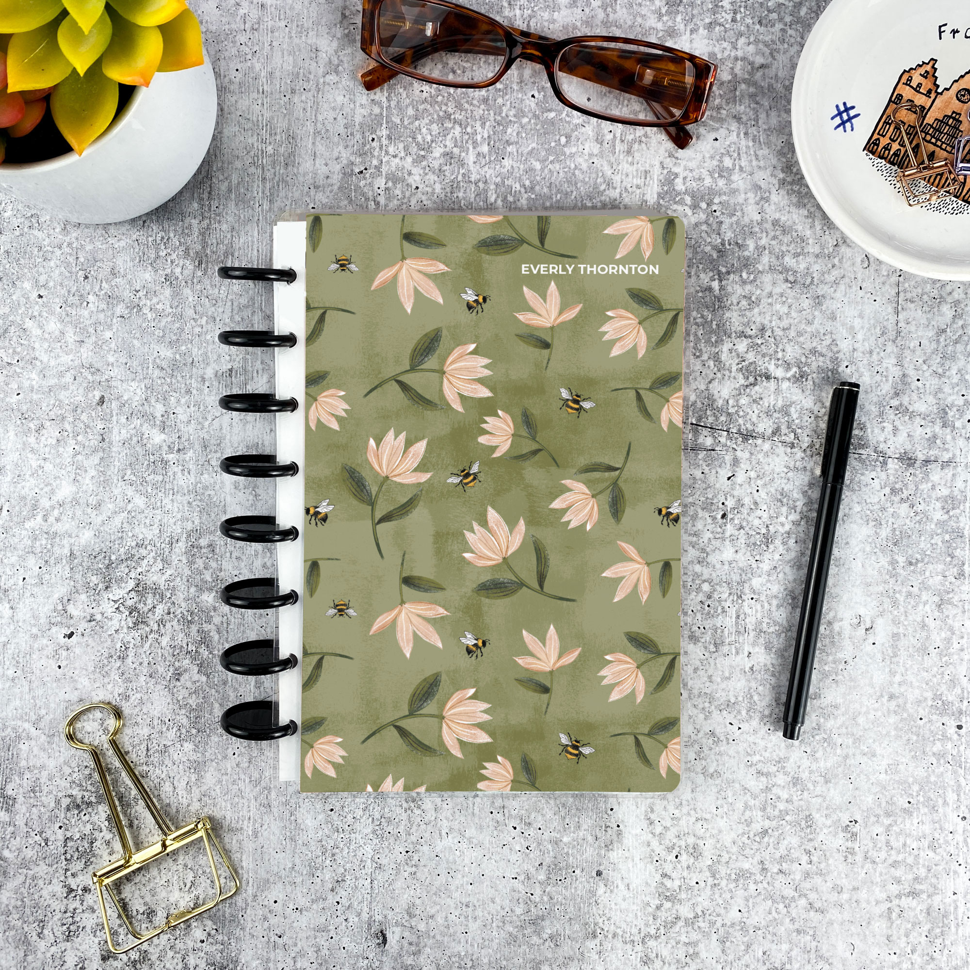 Personalized disc bound address book in bee and blossom pattern with laminated cover and custom name