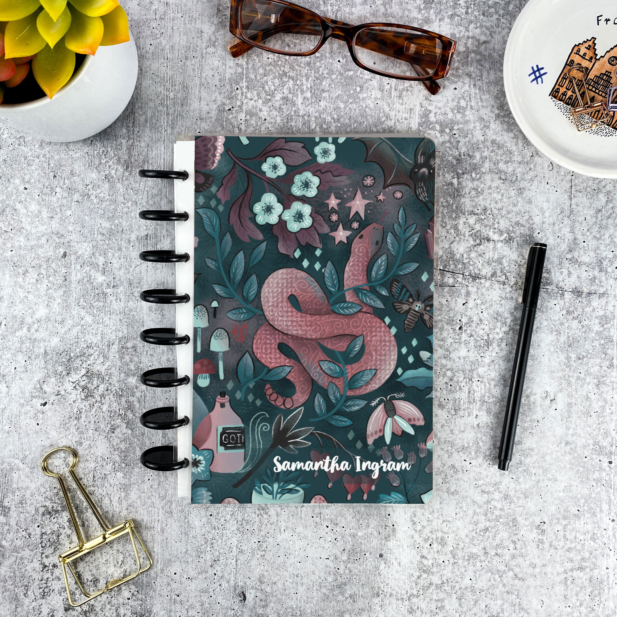 Personalized disc bound address book in Into the Night pattern with laminated cover and custom name