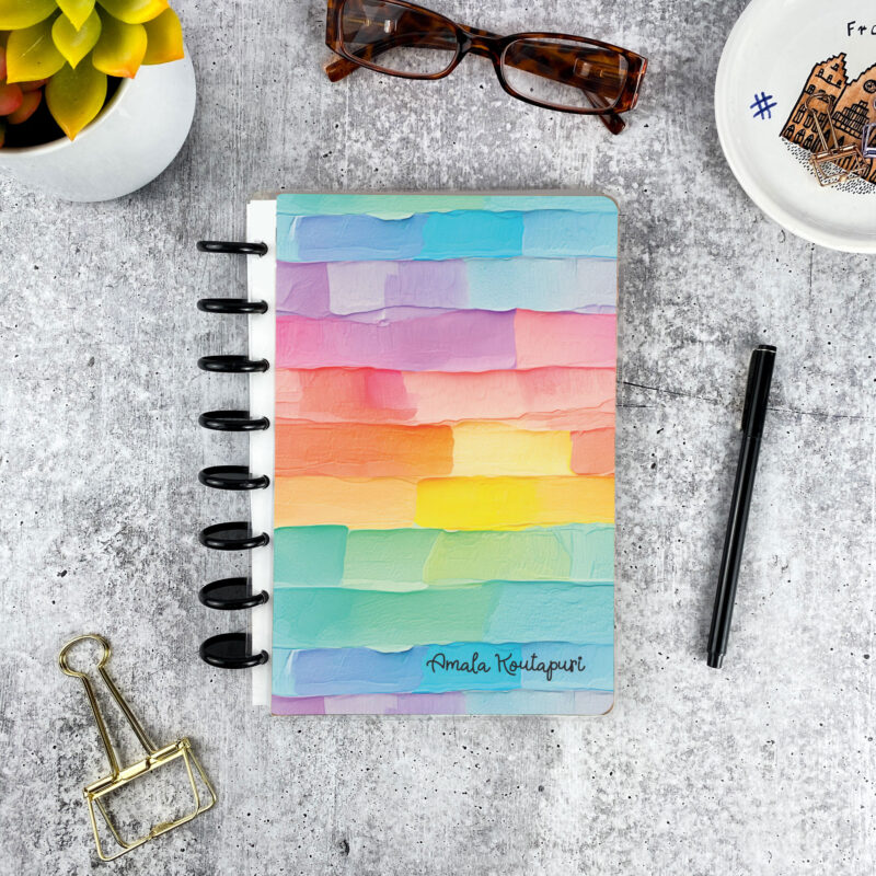 Personalized disc bound address book in Palette Cake pattern with laminated cover and custom name
