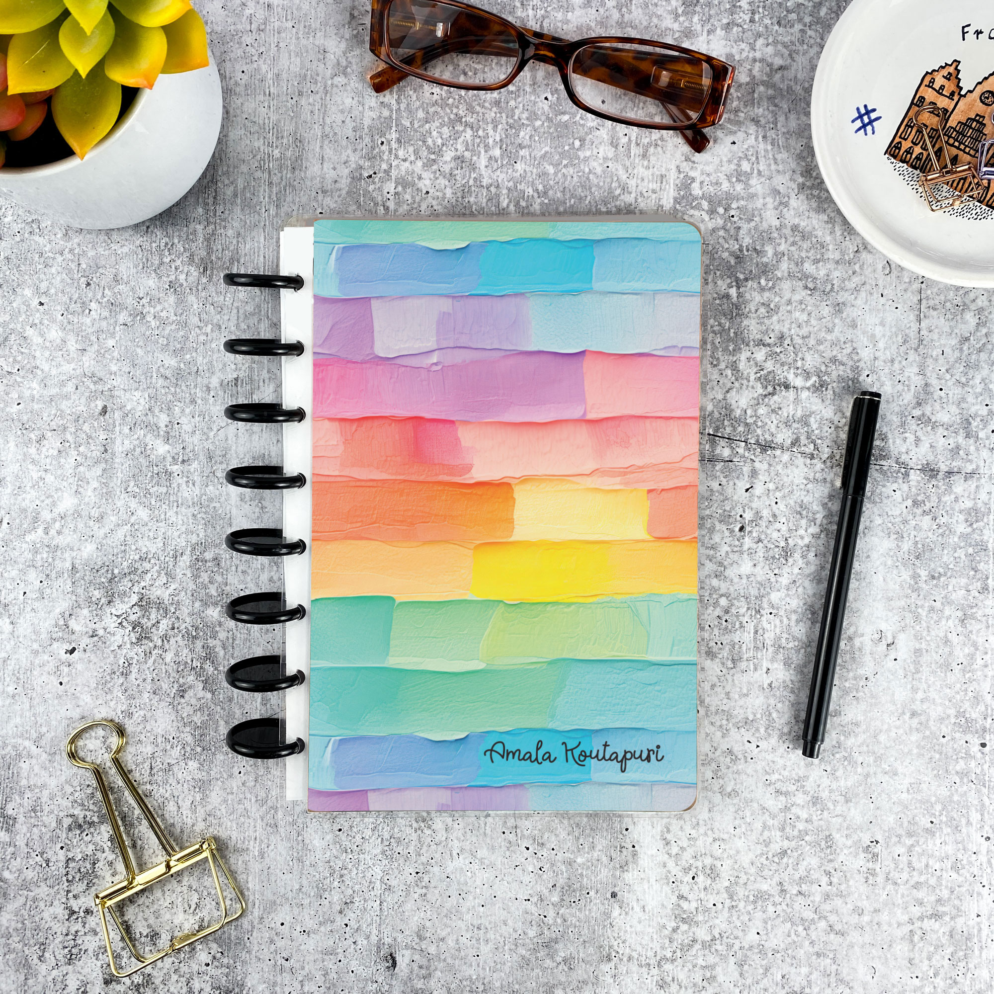 Personalized disc bound address book in Palette Cake pattern with laminated cover and custom name