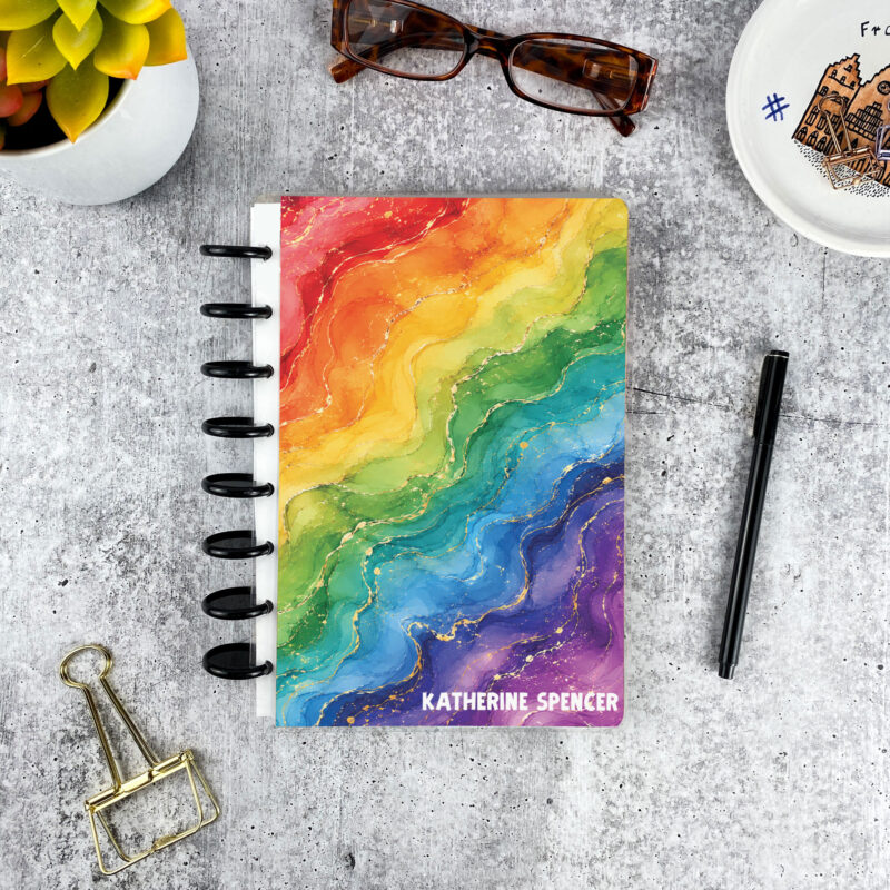 Personalized disc bound address book in rainbow prism pattern with laminated cover and custom name