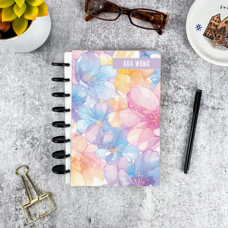 Personalized disc bound address book in spring floral pattern with laminated cover and custom name