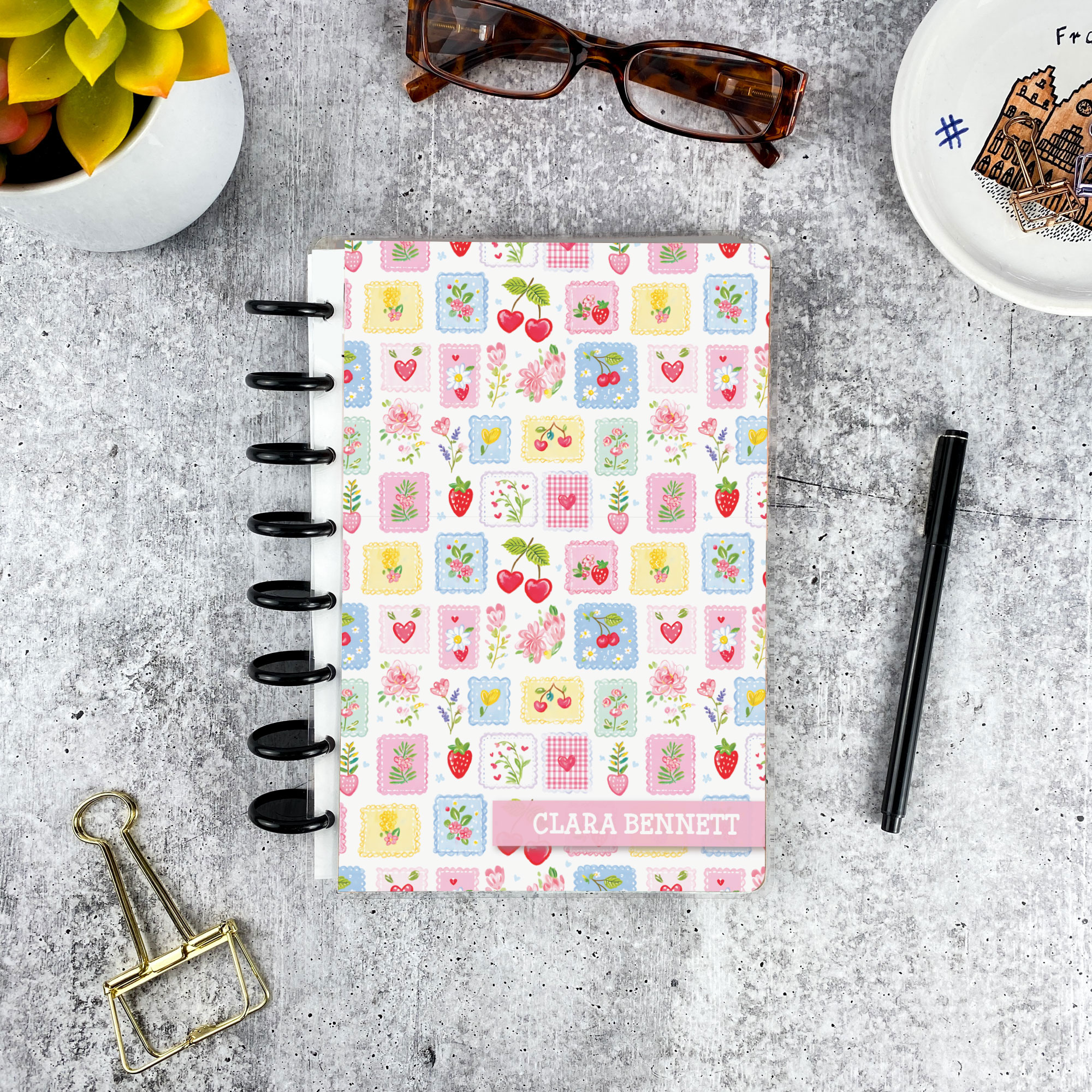 Personalized disc bound address book in Sweetheart Stamps pattern with laminated cover and custom name